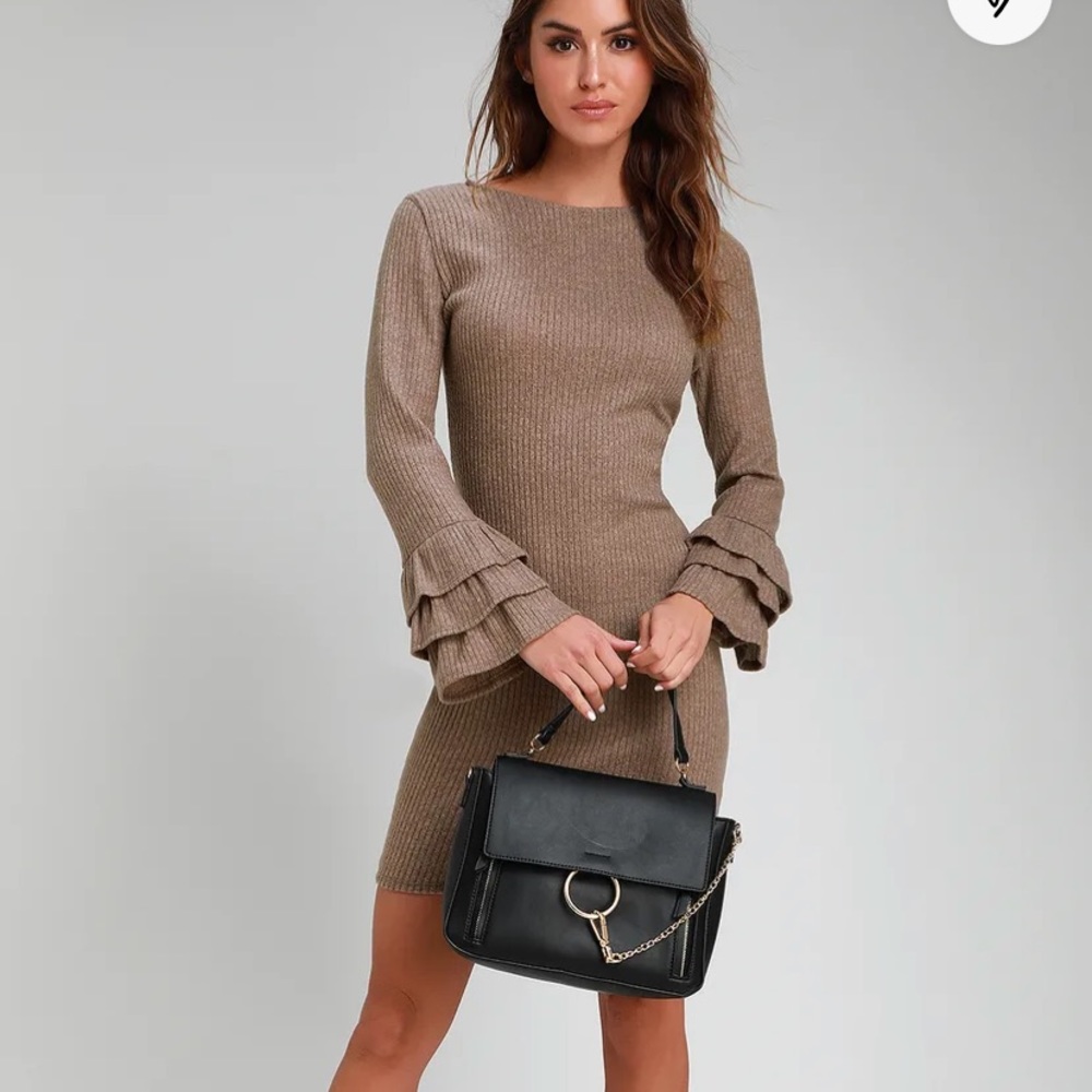 Rooney Heather Taupe Flounce Sleeve Bodycon Sweater Dress